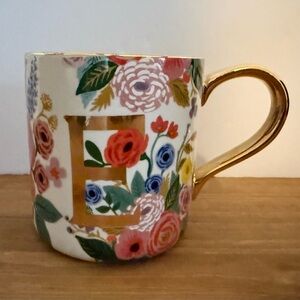 ANTHROPOLOGY Rifle Paper Co “E” Mug Floral Gold Accents
